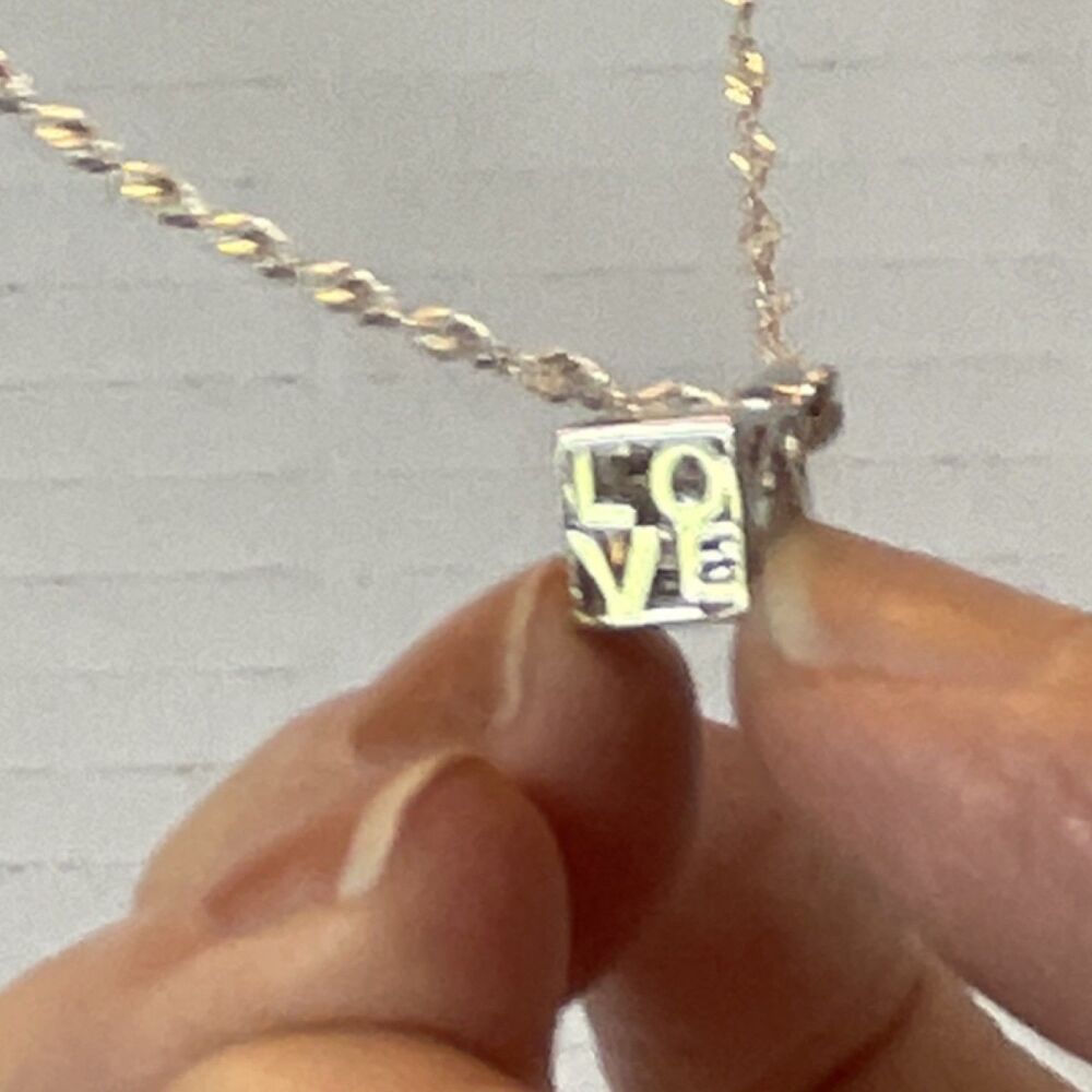 All 925 Silver Rope Chain Necklace and Cube Love Heart Cutout CZ In Cube Marked